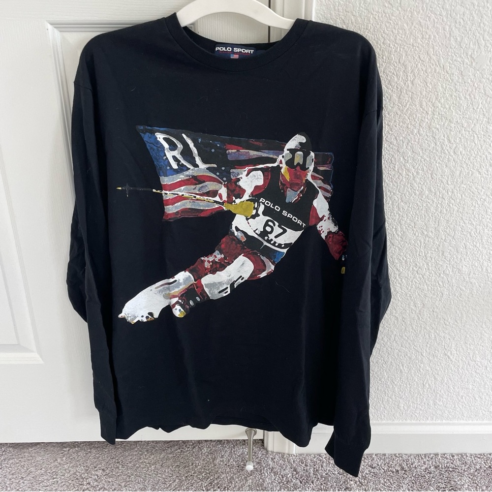 90s vintage navy blue polo sport long sleeve graphic tee shirt